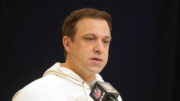 Feb 25, 2025; Indianapolis, IN, USA; Kansas City Chiefs general manager Brett Veach speaks during the NFL Scouting Combine at the Indiana Convention Center. Mandatory Credit: Kirby Lee-Imagn Images