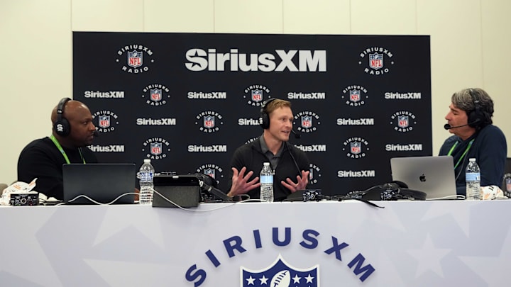 Ben Johnson made the rounds on radio row at the combine, here with SriusXM's Kirk Morrison (left) and Bruce Murray.