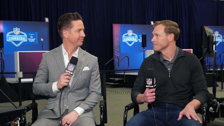 NFL Network's Tom Pelissero interviews Bears coach Ben Johnson at the NFL Scouting Combine.