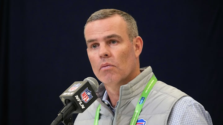 Buffalo Bills general manager Brandon Beane speaks during the NFL Scouting Combine. Buffalo Bills general manager Brandon Beane speaks during the NFL Scouting Combine.