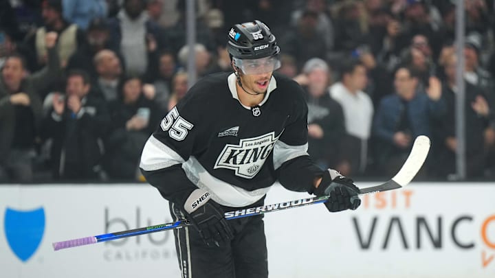 Mar 11, 2025; Los Angeles, California, USA; LA Kings right wing Quinton Byfield (55) reacts after scoring a short-handed goal against the New York Islanders at the Crypto.com Arena. Mandatory Credit: Kirby Lee-Imagn Images