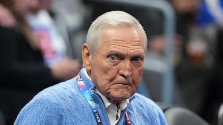 Feb 25, 2024; Los Angeles, California, USA; LA Clippers special consultant Jerry West watches in the first half against the Sacramento Kings at Crypto.com Arena. Mandatory Credit: Kirby Lee-USA TODAY Sports