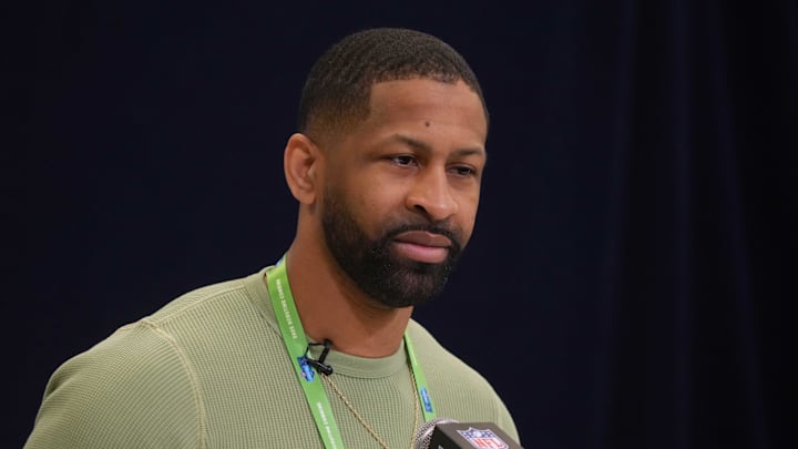 Feb 25, 2025; Indianapolis, IN, USA; Cleveland Browns general manager Andrew Berry speaks during the NFL Scouting Combine at the Indiana Convention Center. Mandatory Credit: Kirby Lee-Imagn Images
