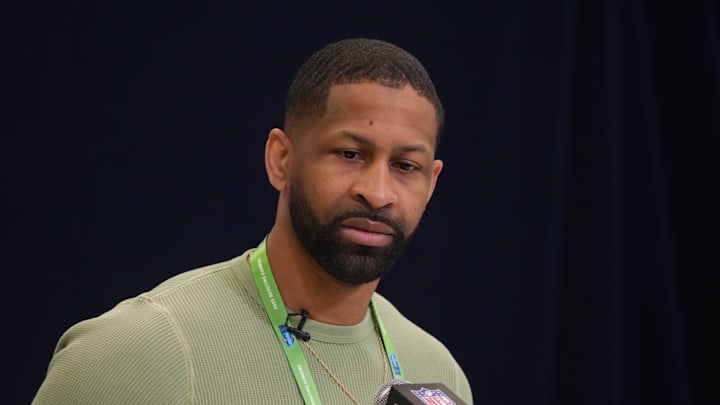 Feb 25, 2025; Indianapolis, IN, USA; Cleveland Browns general manager Andrew Berry speaks during the NFL Scouting Combine at the Indiana Convention Center. Mandatory Credit: Kirby Lee-Imagn Images