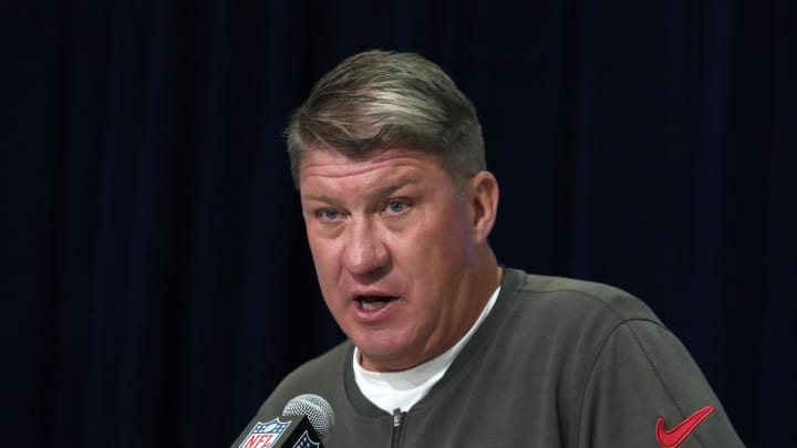 Feb 27, 2024; Indianapolis, IN, USA; Tampa Bay Buccaneers general manager Jason Licht speaks during a press conference during the NFL Scouting Combine at Indiana Convention Center. Mandatory Credit: Kirby Lee-USA TODAY Sports Feb 27, 2024; Indianapolis, IN, USA; Tampa Bay Buccaneers general manager Jason Licht speaks during a press conference during the NFL Scouting Combine at Indiana Convention Center. Mandatory Credit: Kirby Lee-USA TODAY Sports
