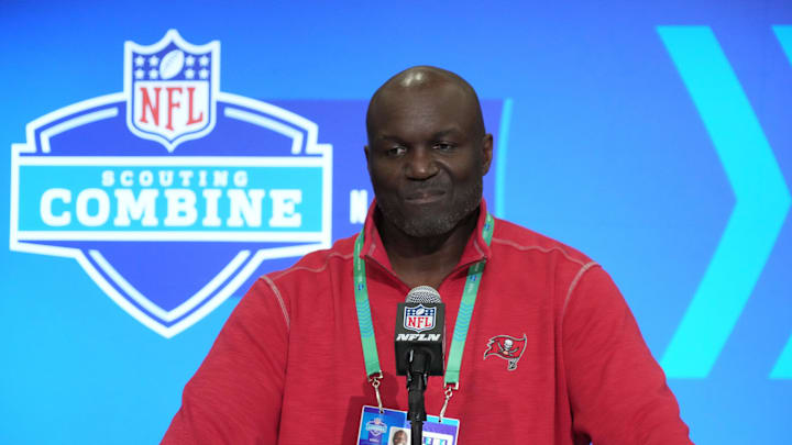 Feb 27, 2024; Indianapolis, IN, USA; Tampa Bay Buccaneers head coach Todd Bowles speaks during a press conference during the NFL Scouting Combine at Indiana Convention Center. Mandatory Credit: Kirby Lee-USA TODAY Sports Feb 27, 2024; Indianapolis, IN, USA; Tampa Bay Buccaneers head coach Todd Bowles speaks during a press conference during the NFL Scouting Combine at Indiana Convention Center. Mandatory Credit: Kirby Lee-USA TODAY Sports