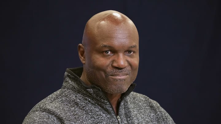 Feb 25, 2025; Indianapolis, IN, USA; Tampa Bay Buccaneers coach Todd Bowles speaks speaks during the NFL Scouting Combine at the Indiana Convention Center. Mandatory Credit: Kirby Lee-Imagn Images