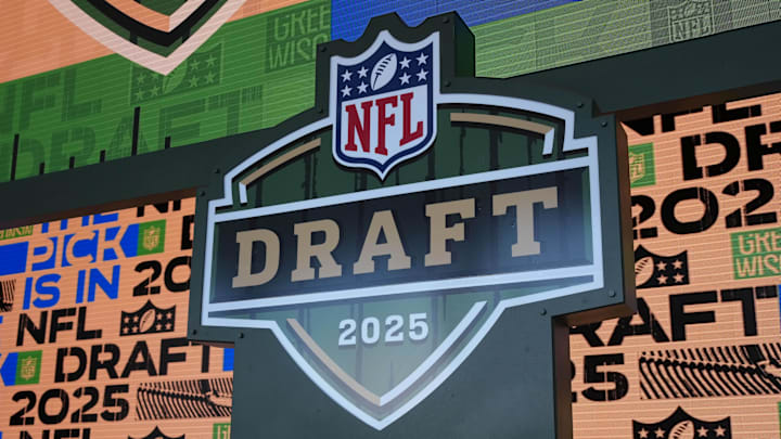 A general overall view of the 2025 NFL Draft logo on the Draft stage at Lambeau Field.