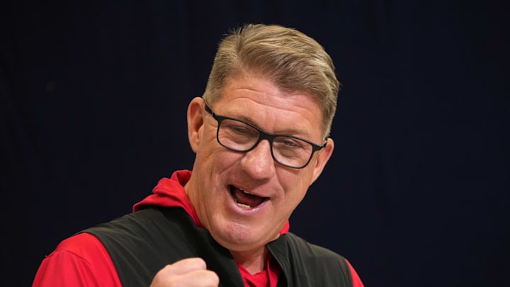 Feb 25, 2025; Indianapolis, IN, USA; Tampa Bay Buccaneers general manager Jason Licht speaks during the NFL Scouting Combine at the Indiana Convention Center. Mandatory Credit: Kirby Lee-Imagn Images