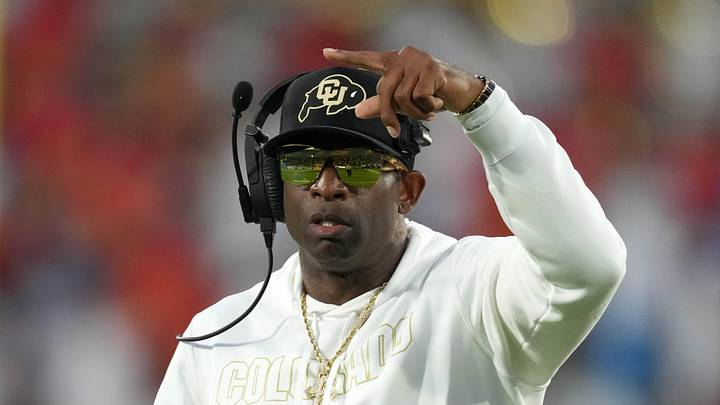 Oct 28, 2023; Pasadena, California, USA; Colorado Buffaloes head coach Deion Sanders reacts against the UCLA Bruins in the first half at Rose Bowl. Mandatory Credit: Kirby Lee-Imagn Images