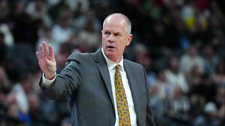Mar 16, 2024; Las Vegas, NV, USA; Colorado Buffaloes head coach Tad Boyle reacts against the Oregon Ducks in the first half of the Pac-12 Championship game at T-Mobile Arena. Mandatory Credit: Kirby Lee-Imagn Images
