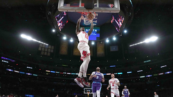 Nov 15, 2021; Los Angeles, California, USA; Chicago Bulls forward DeMar DeRozan (11) dunks the ball in the first half against the Los Angeles Lakers at Staples Center. The Bulls defeated the Lakers 121-103.  