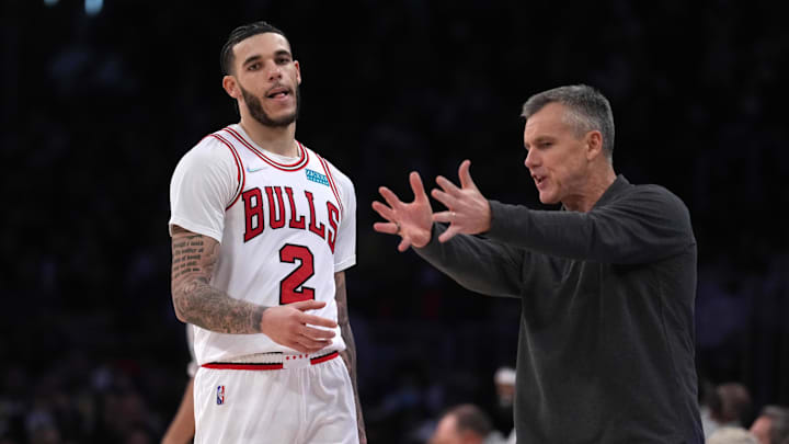 Nov 15, 2021; Los Angeles, California, USA; Chicago Bulls guard Lonzo Ball (2) and coach Billy Donovan react  in the second half against the Los Angeles Lakers at Staples Center. The Bulls defeated the Lakers 121-103.  Mandatory Credit: Kirby Lee-Imagn Images