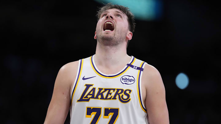 Mar 16, 2025; Los Angeles, California, USA; Los Angeles Lakers guard Luka Doncic (77) reacts against the Phoenix Suns in the second half at Crypto.com Arena. Mandatory Credit: Kirby Lee-Imagn Images Mar 16, 2025; Los Angeles, California, USA; Los Angeles Lakers guard Luka Doncic (77) reacts against the Phoenix Suns in the second half at Crypto.com Arena. Mandatory Credit: Kirby Lee-Imagn Images