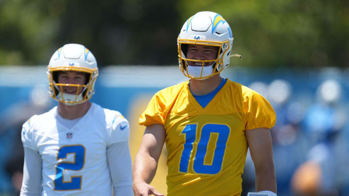 May 29, 2024; Costa Mesa, CA, USA; Los Angeles Chargers quarterback Justin Herbert (10) and quarterback Easton Stick (2) during organized team activities at Hoag Performance Center. Mandatory Credit: Kirby Lee-USA TODAY Sports May 29, 2024; Costa Mesa, CA, USA; Los Angeles Chargers quarterback Justin Herbert (10) and quarterback Easton Stick (2) during organized team activities at Hoag Performance Center. Mandatory Credit: Kirby Lee-USA TODAY Sports