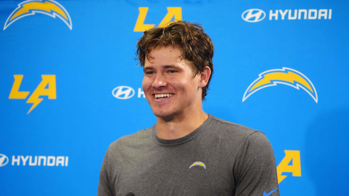 Jun 13, 2024; Costa Mesa, CA, USA; Los Angeles Chargers quarterback Justin Herbert (10) at a press conference during minicamp at the Hoag Performance Center. Mandatory Credit: Kirby Lee-USA TODAY Sports Jun 13, 2024; Costa Mesa, CA, USA; Los Angeles Chargers quarterback Justin Herbert (10) at a press conference during minicamp at the Hoag Performance Center. Mandatory Credit: Kirby Lee-USA TODAY Sports