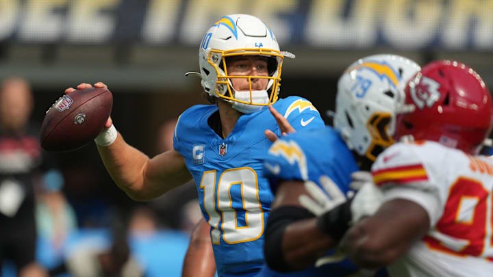 Sep 29, 2024; Inglewood, California, USA; Los Angeles Chargers quarterback Justin Herbert (10) throws the ball in the second quarter against the Kansas City Chiefs at SoFi Stadium. Mandatory Credit: Kirby Lee-Imagn Images