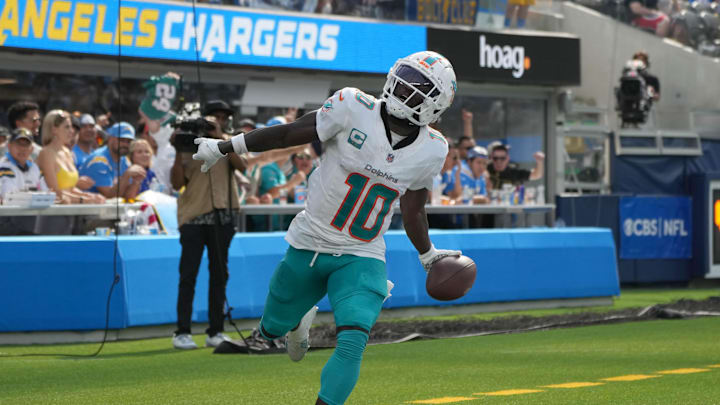 Miami Dolphins wide receiver Tyreek Hill celebrates after catching a 35-yard touchdown against the Los Angeles Chargers.