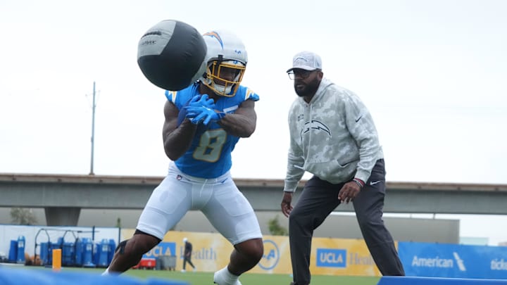 Los Angeles Chargers running back Omarion Hampton participates in drills.