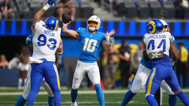  Los Angeles Chargers quarterback Justin Herbert throws the ball against the Los Angeles Rams.