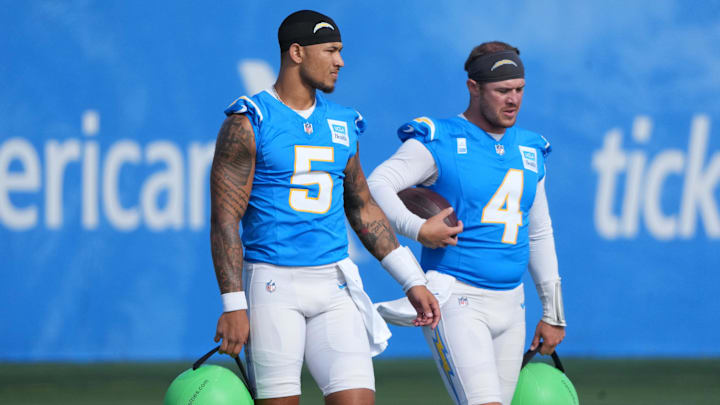 Los Angeles Chargers quarterbacks Trey Lance and Taylor Heinicke during training camp at The Bolt.
