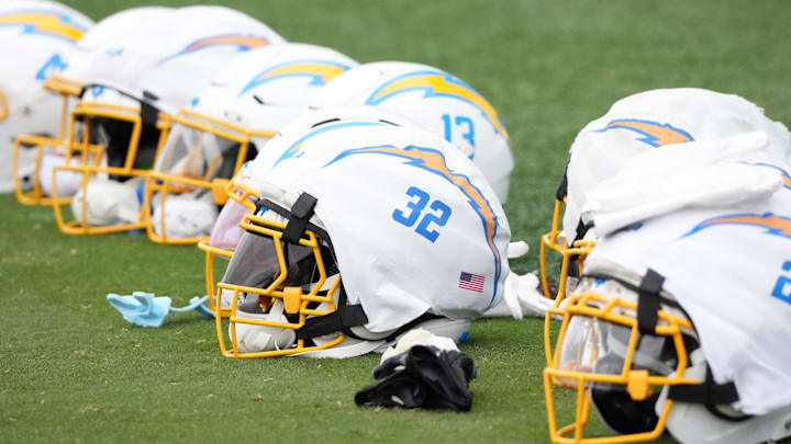 The Los Angeles Chargers helmet with Guardian helmet cap of running back Alohi Gilman.