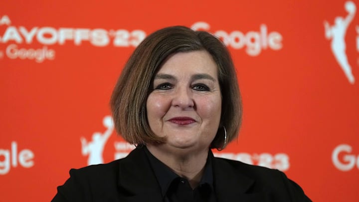 Sep 24, 2023; Las Vegas, Nevada, USA; Dallas Wings coach Latricia Trammell  at press conference during game one of the 2023 WNBA Semifinals against the Las Vegas Aces at Michelob Ultra Arena. The Aces defeated the Wings 97-83. Mandatory Credit: Kirby Lee-Imagn Images