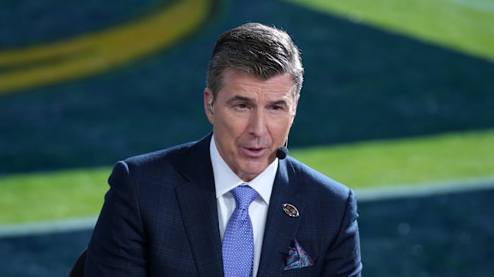 Rece Davis on the ESPN College Gameday set at the 2024 Rose Bowl college football playoff semifinal game at Rose Bowl. 