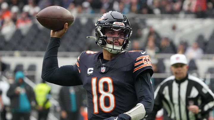 Oct 13, 2024; London, United Kingdom; Chicago Bears quarterback Caleb Williams (18) throws the ball against the Jacksonville Jaguars in the second half during an NFL International Series game at Tottenham Hotspur Stadium. Mandatory Credit: Kirby Lee-Imagn Images