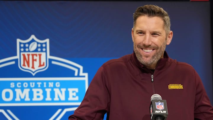 Washington Commanders general manager Adam Peters speaks during the NFL Scouting Combine Washington Commanders general manager Adam Peters speaks during the NFL Scouting Combine