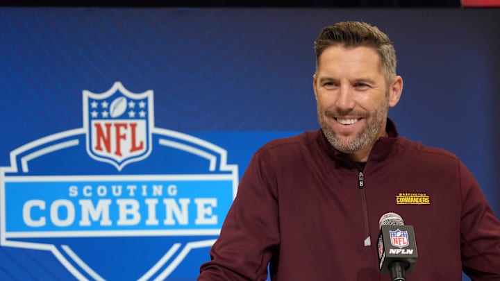 Feb 25, 2025; Indianapolis, IN, USA; Washington Commanders general manager Adam Peters speaks during the NFL Scouting Combine at the Indiana Convention Center. Mandatory Credit: Kirby Lee-Imagn Images