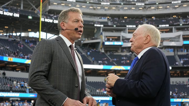 Dallas Cowboys owner Jerry Jones talks with former quarterback Troy Aikman Dallas Cowboys owner Jerry Jones talks with former quarterback Troy Aikman