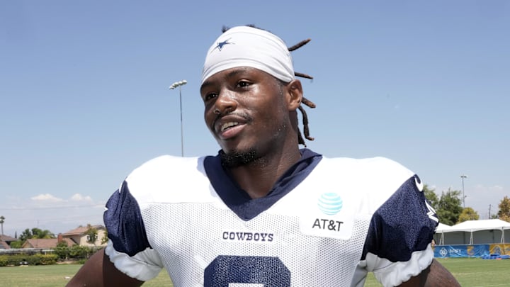 Dallas Cowboys receiver KaVontae Turpin reacts during joint practice against the Los Angeles Chargers
