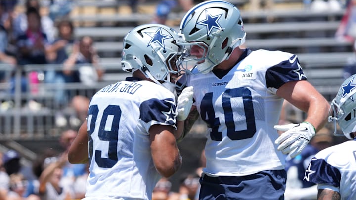 Dallas Cowboys tight end Brevyn Spann-Ford and fullback Hunter Luepke celebrate after a TD at training camp. 