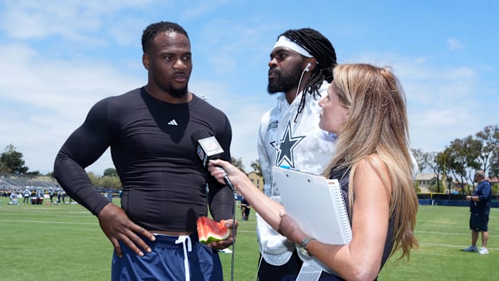 NFL Network's Jane Slater interviews Dallas Cowboys stars Micah Parsons and Trevon Diggs during training camp 