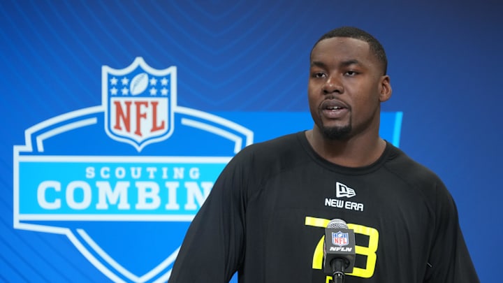 Feb 26, 2025; Indianapolis, IN, USA; Georgia defensive lineman Mykel Williams (DL73) during the 2025 NFL Scouting Combine at the Indiana Convention Center. Mandatory Credit: Kirby Lee-Imagn Images