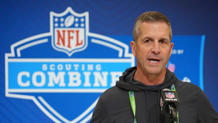 Feb 25, 2025; Indianapolis, IN, USA; Baltimore Ravens coach John Harbaugh speaks during the NFL Scouting Combine at the Indiana Convention Center. Mandatory Credit: Kirby Lee-Imagn Images