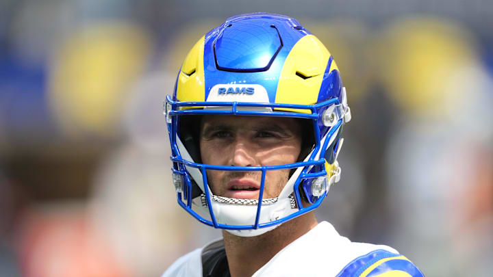 Aug 9, 2025; Inglewood, California, USA; Los Angeles Rams quarterback Stetson Bennett IV (13) reacts in the first half against the Dallas Cowboys at SoFi Stadium. Mandatory Credit: Kirby Lee-Imagn Images