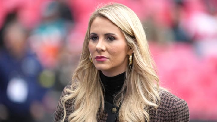 Oct 30, 2022; London, United Kingdom; ESPN sideline reporter Laura Rutledge reacts during an NFL International Series game between the Jacksonville Jaguars and the Denver Broncos at Wembley Stadium. The Broncos defeated the Jaguars 21-17. Mandatory Credit: Kirby Lee-Imagn Images