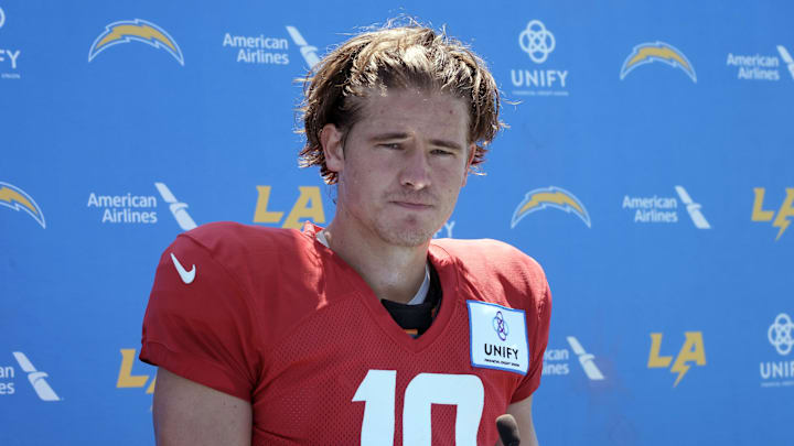 Aug 18, 2022; Costa Mesa, CA, USA; Los Angeles Chargers quarterback Justin Herbert (10) at press conference during joint practice against the Dallas Cowboys at Jack Hammett Sports Complex. Mandatory Credit: Kirby Lee-Imagn Images