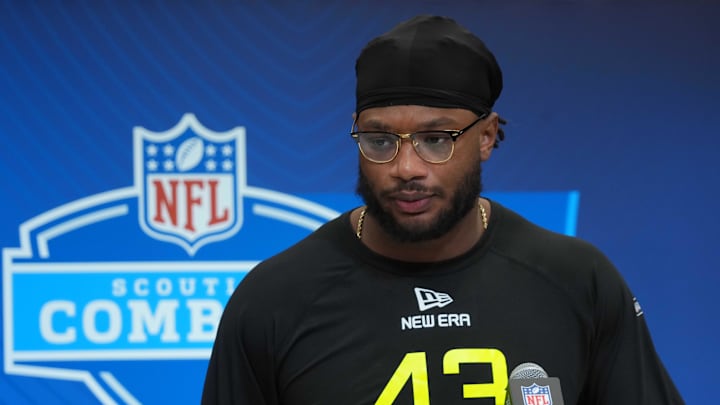 Feb 27, 2025; Indianapolis, IN, USA; Oregon defensive lineman Jordan Burch (DL43) during the 2025 NFL Scouting Combine at the Indiana Convention Center. Mandatory Credit: Kirby Lee-Imagn Images