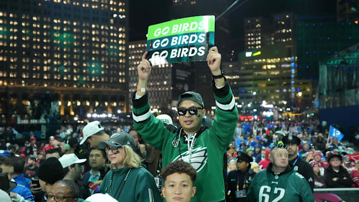 Apr 25, 2024; Detroit, MI, USA; Philadelphia Eagles fans react during the 2024 NFL Draft at Campus Martius Park and Hart Plaza. Mandatory Credit: Kirby Lee-Imagn Images