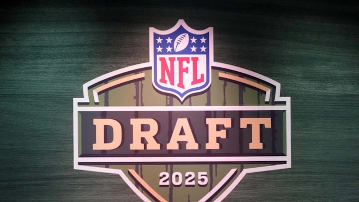 The 2025 NFL Draft logo on the main stage at Lambeau Field. 
