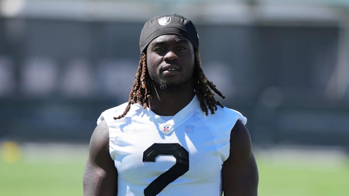 Jul 24, 2025; Henderson, NV, USA; Las Vegas Raiders running back Ashton Jeanty (2) during training camp at the Intermountain Healthcare Performance Center. 