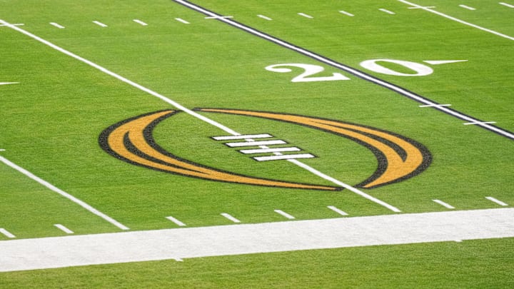 Dec 30, 2022; Glendale AZ, USA; The College Football Playoff logo on the field at State Farm Stadium, the site of the 2022 CFP Semifinal between the TCU Horned Frogs and the Michigan Wolverines and Super Bowl 57 (LVII). Mandatory Credit: Kirby Lee-Imagn Images Dec 30, 2022; Glendale AZ, USA; The College Football Playoff logo on the field at State Farm Stadium, the site of the 2022 CFP Semifinal between the TCU Horned Frogs and the Michigan Wolverines and Super Bowl 57 (LVII). Mandatory Credit: Kirby Lee-Imagn Images