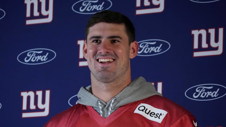 Nov 8, 2024; Munich, Germany; New York Giants quarterback Daniel Jones (8) during press conference at the FC Bayern Munchen training grounds at Sabener Strasse. Nov 8, 2024; Munich, Germany; New York Giants quarterback Daniel Jones (8) during press conference at the FC Bayern Munchen training grounds at Sabener Strasse.