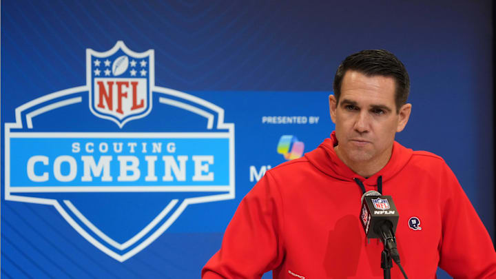 Feb 25, 2025; Indianapolis, IN, USA; New York Giants general manager Joe Schoen speaks during the NFL Scouting Combine at the Indiana Convention Center. Mandatory Credit: Kirby Lee-Imagn Images