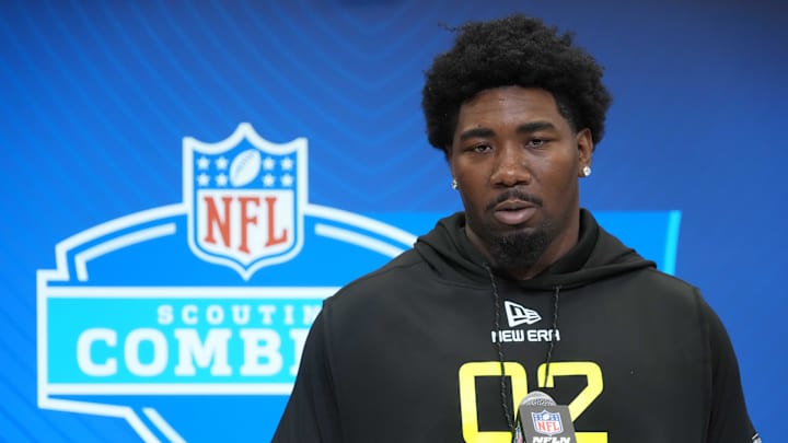 Feb 26, 2025; Indianapolis, IN, USA; Toledo defensive lineman Darius Alexander (DL02) during the 2025 NFL Scouting Combine at the Indiana Convention Center. Mandatory Credit: Kirby Lee-Imagn Images