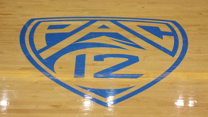 The Pac-12 Conference logo on the court at Pauley Pavilion presented by Wescom. The Pac-12 Conference logo on the court at Pauley Pavilion presented by Wescom.