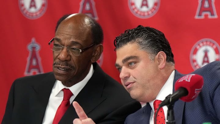 Nov 15, 2023; Anaheim, CA, USA; Los Angeles Angels manager Ron Washington (left) with general manager Perry Minasian at introductory press conference at Angel Stadium of Anaheim. Mandatory Credit: Kirby Lee-Imagn Images Nov 15, 2023; Anaheim, CA, USA; Los Angeles Angels manager Ron Washington (left) with general manager Perry Minasian at introductory press conference at Angel Stadium of Anaheim. Mandatory Credit: Kirby Lee-Imagn Images
